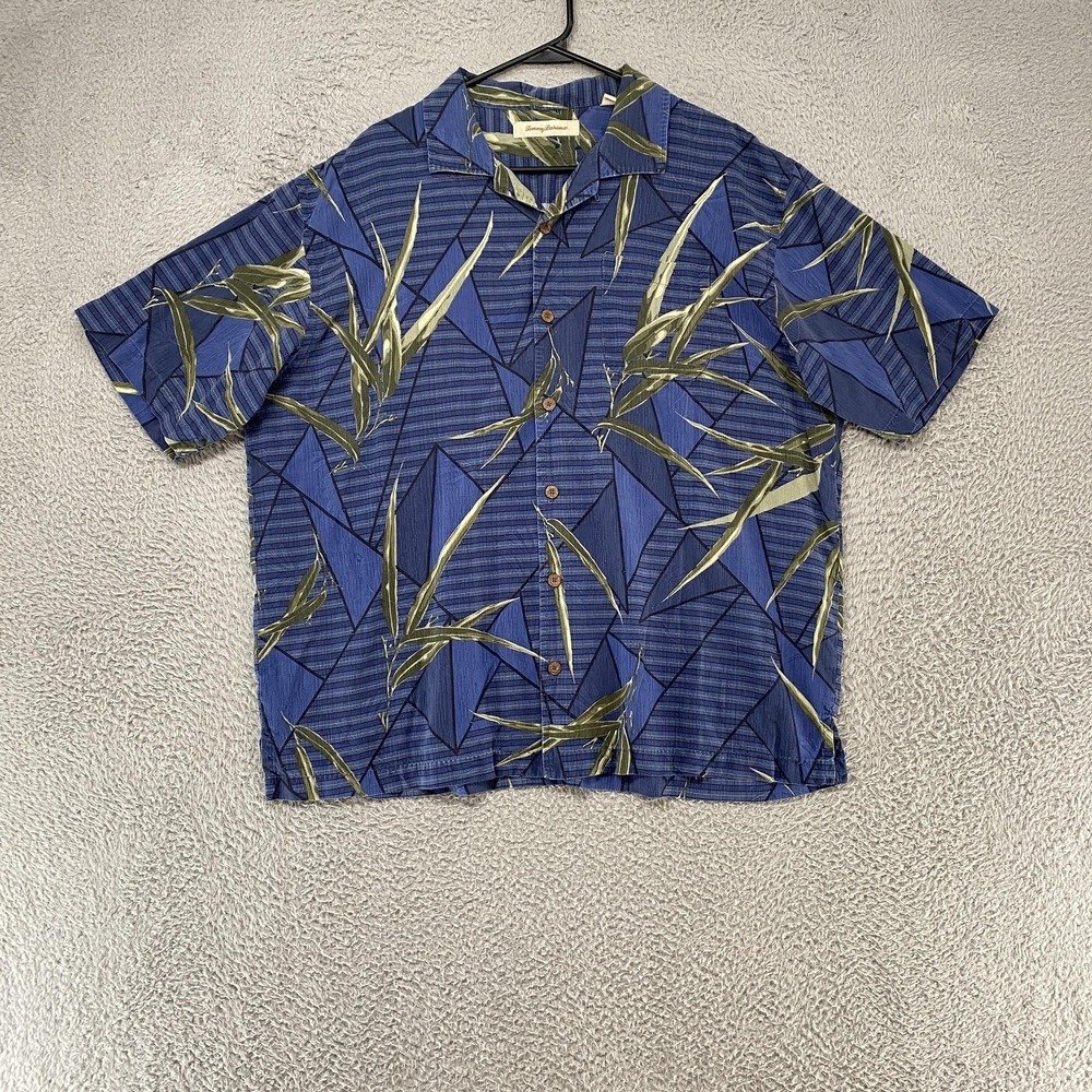 Tommy Bahama Silk Camp Shirt Mens XL Blue Bamboo Leaf Hawaiian Button Up